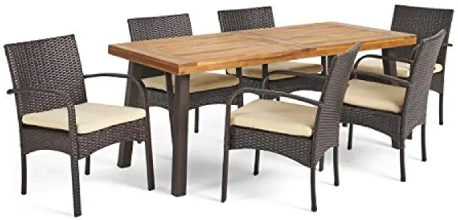 Christopher Knight Home Bavaro Wicker and Wood Dining Set, 7-Pcs Set, Multibrown / Crème / Teak Finish With Rustic Metal