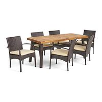 Christopher Knight Home Bavaro Wicker and Wood Dining Set, 7-Pcs Set, Multibrown / Crème / Teak Finish With Rustic Metal