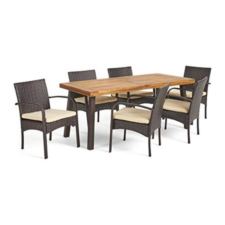 Christopher Knight Home Bavaro Wicker and Wood Dining Set, 7-Pcs Set, Multibrown / Crème / Teak Finish With Rustic Metal