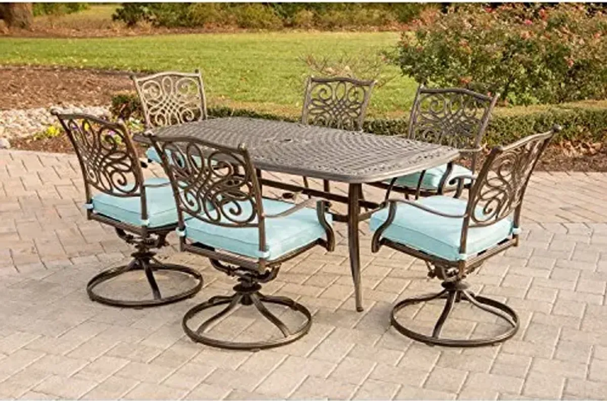 Hanover Traditions 7-Piece Outdoor Dining Set for 6 with Blue Cushions, 6 Swivel Rockers and Aluminum Rectangular Dining Table, Rust-Resistant, Patio Dining Set
