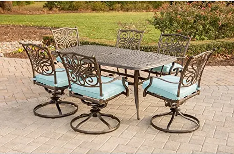 Hanover Traditions 7-Piece Outdoor Dining Set for 6 with Blue Cushions, 6 Swivel Rockers and Aluminum Rectangular Dining Table, Rust-Resistant, Patio Dining Set