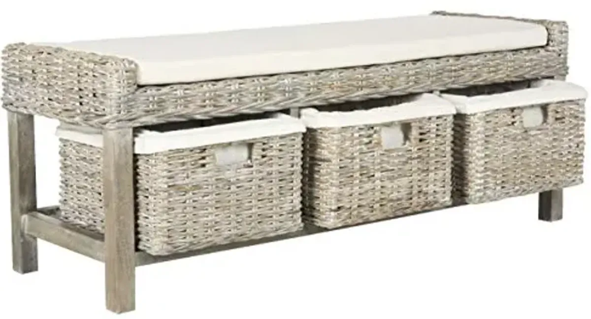 Safavieh FOX6537A Home Collection Kobutsu Rattan Storage Bench, White/Grey Wash
