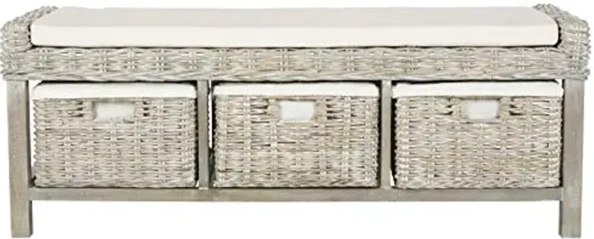 Safavieh FOX6537A Home Collection Kobutsu Rattan Storage Bench, White/Grey Wash