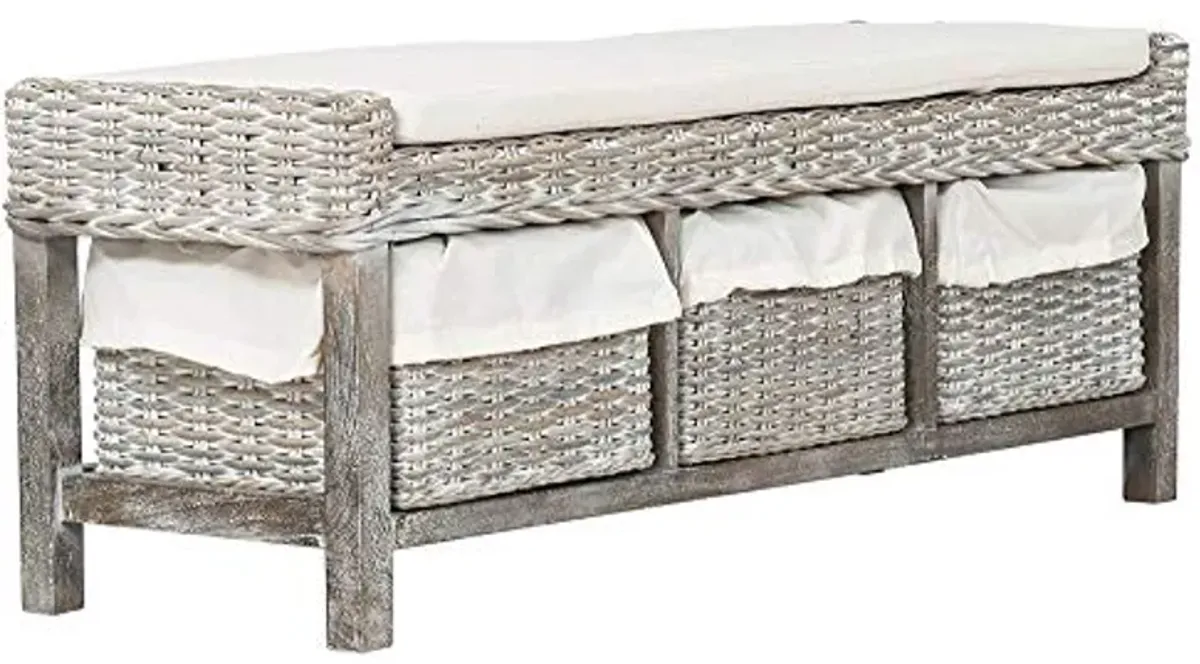 Safavieh Home Collection Kobutsu Rattan Storage Bench, White/Grey Wash