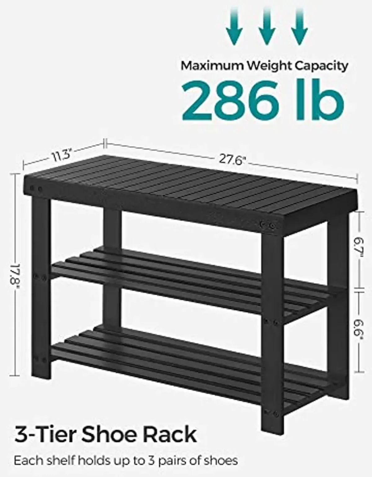 SONGMICS Shoe Rack Bench, 3-Tier Bamboo Shoe Storage Organizer, Entryway Bench, Holds Up to 286 lb, 11.3 x 27.6 x 17.8 Inches, for Entryway Bathroom Bedroom, Black ULBS04H