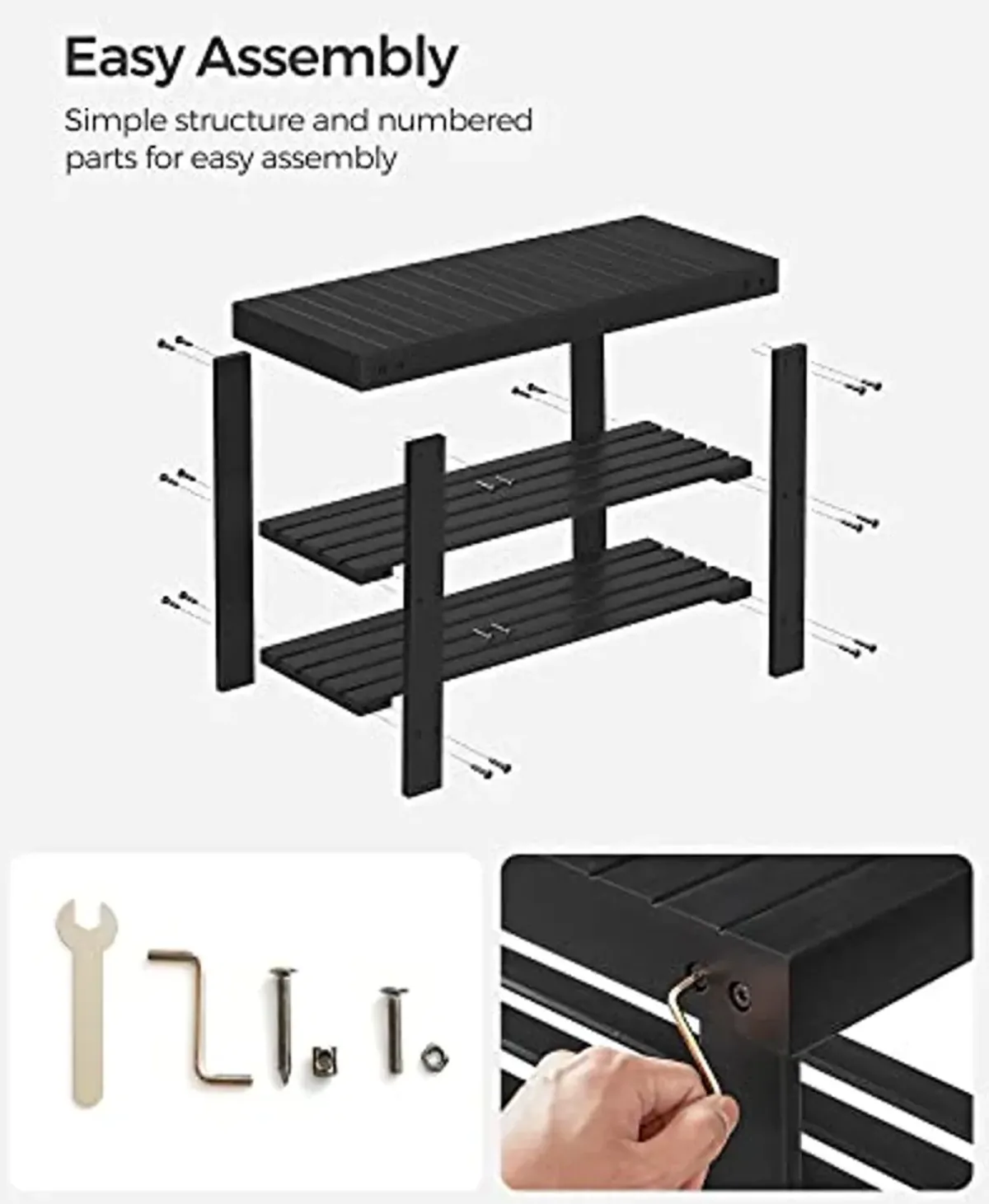 SONGMICS Shoe Rack Bench, 3-Tier Bamboo Shoe Storage Organizer, Entryway Bench, Holds Up to 286 lb, 11.3 x 27.6 x 17.8 Inches, for Entryway Bathroom Bedroom, Black ULBS04H