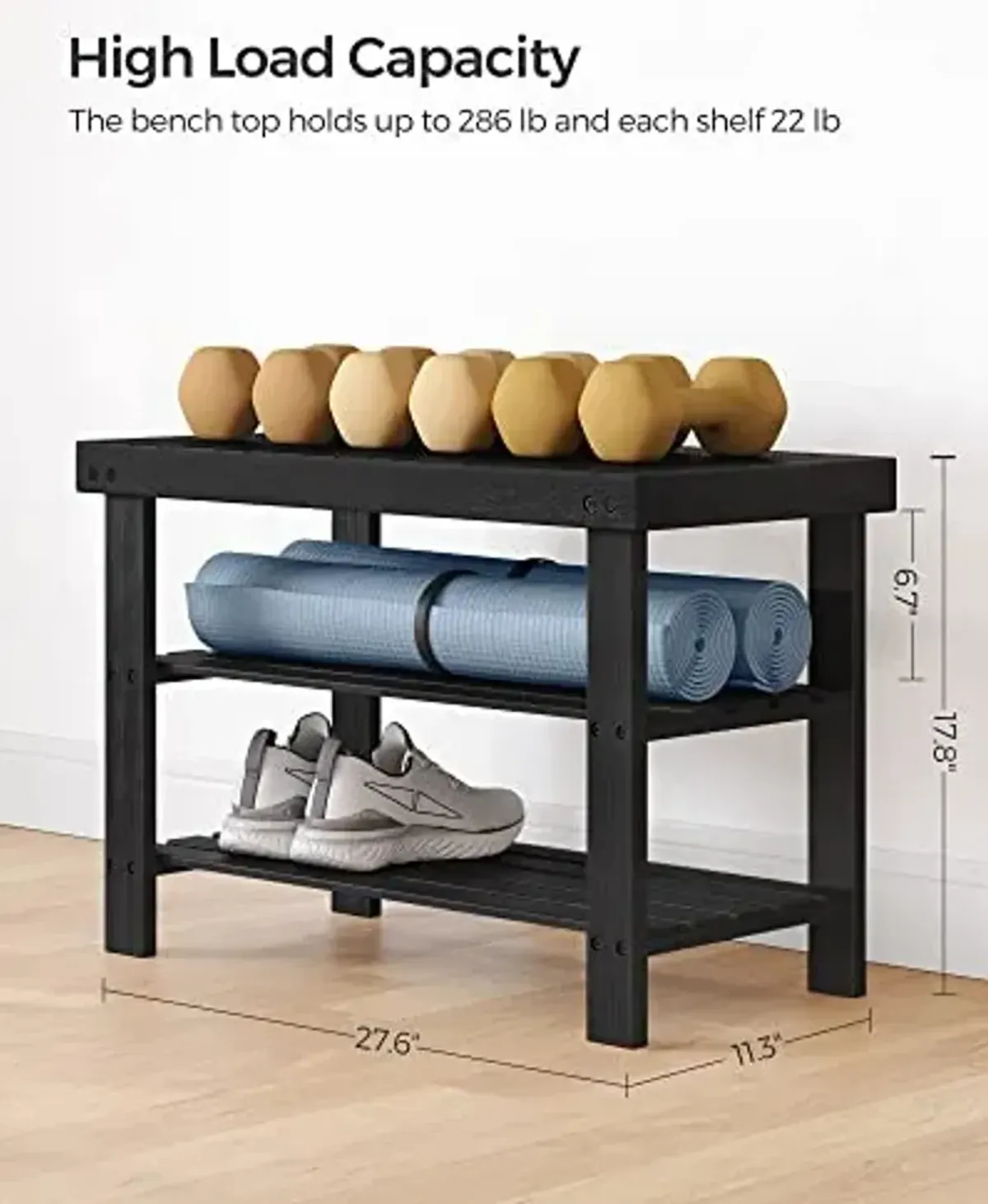 SONGMICS Shoe Rack Bench, 3-Tier Bamboo Shoe Storage Organizer, Entryway Bench, Holds Up to 286 lb, 11.3 x 27.6 x 17.8 Inches, for Entryway Bathroom Bedroom, Ink Black ULBS04H