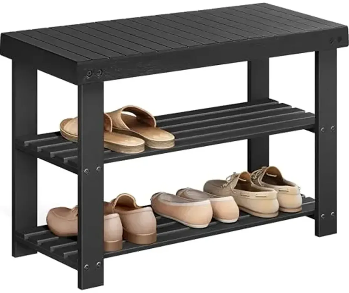 SONGMICS Shoe Rack Bench, 3-Tier Bamboo Shoe Storage Organizer, Entryway Bench, Holds Up to 286 lb, 11.3 x 27.6 x 17.8 Inches, for Entryway Bathroom Bedroom, Ink Black ULBS04H