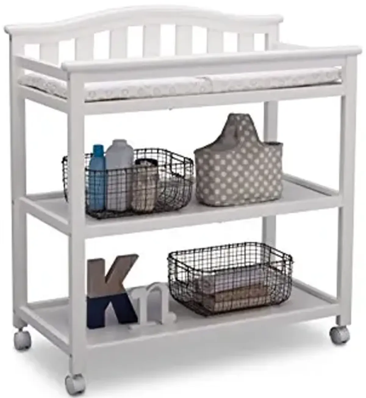 Delta Children Bell Top Changing Table with Wheels and Changing Pad, Greenguard Gold Certified, White