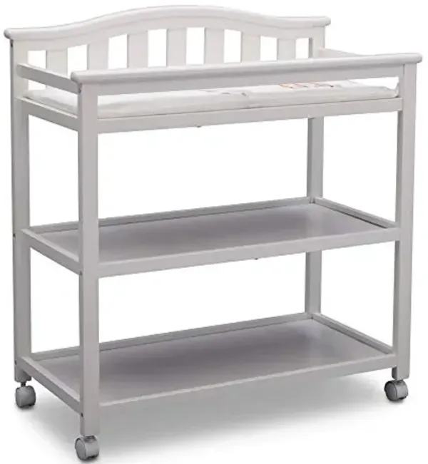 Delta Children Bell Top Changing Table with Wheels and Changing Pad, Greenguard Gold Certified, White