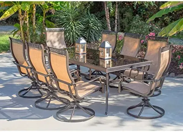 Hanover Monaco 9-Piece Outdoor Dining Set with Tempered Glass 42" x 84" Rectangular Dining Table and 8 PVC Sling Swivel Rockers with Rust-Free Aluminum Frames, Patio Dining Set for 8 for Outdoors
