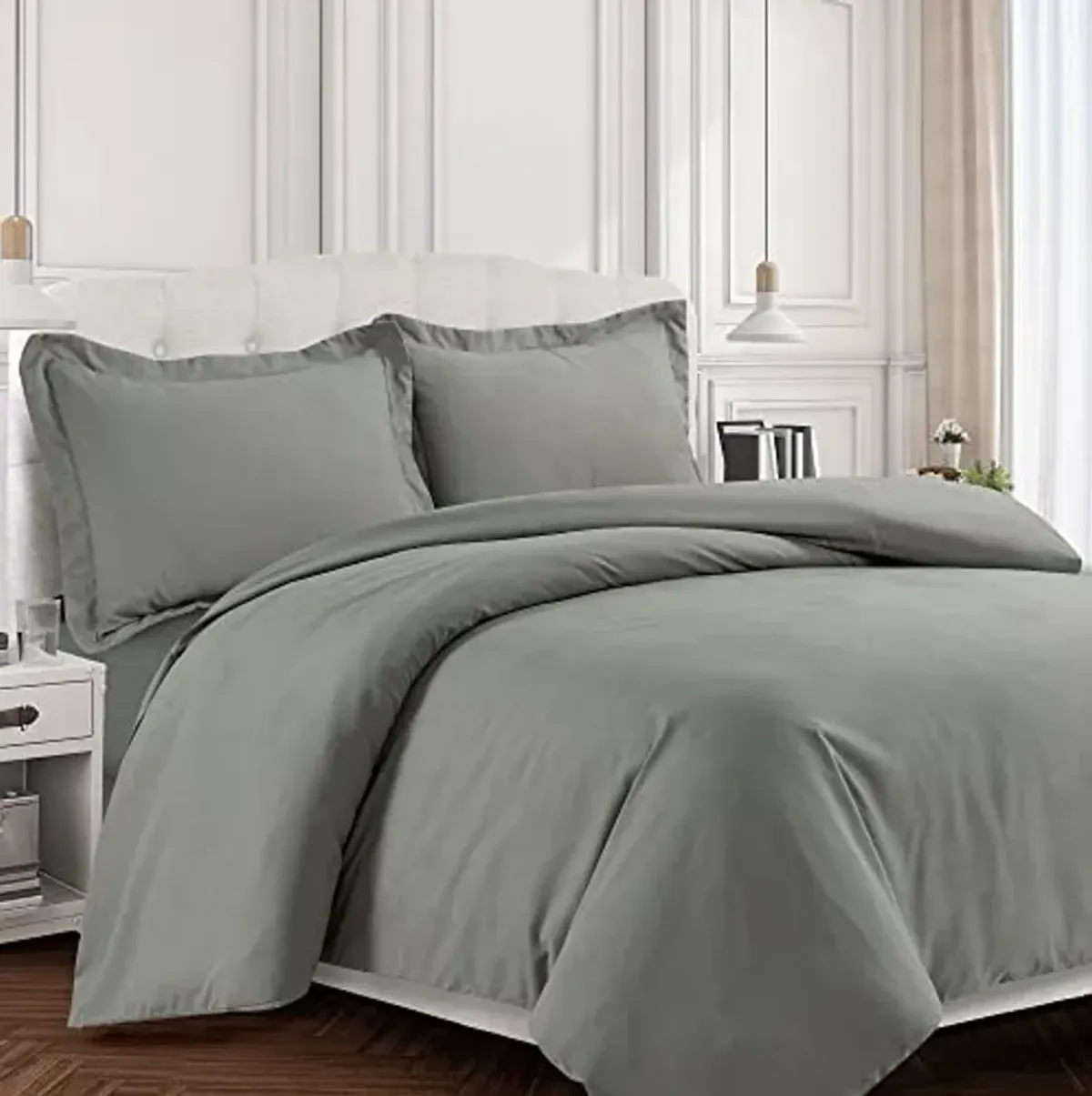 Tribeca Living Queen Duvet Cover Set, Soft Plain Bed Set Wrinkle Resistant Bedding, Microfiber, Includes One Duvet Cover and Two Sham Pillowcases, Durable Bedding 110 GSM, Valencia/Silver Grey