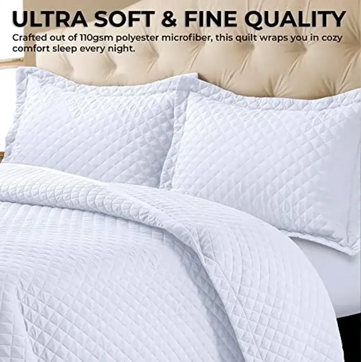 Tribeca Living Brisbane Oversized King Quilt Bedding Set, Solid 3-Piece Quilted Bedspread Coverlet with Matching Pillow Shams, Super Soft, Fade and Wrinkle Resistant Quilts, White