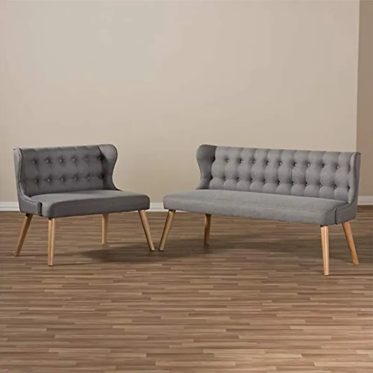 Baxton Studio Melody Mid-Century Modern Natural Wood Finishing Grey Fabric 2-Piece Settee Set