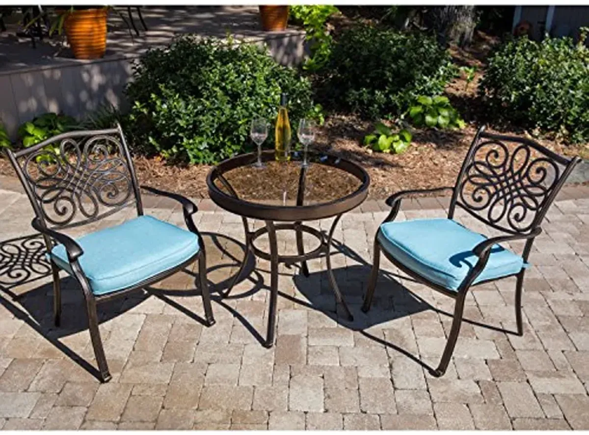 Hanover Traditions 3-Piece Modern Outdoor Dining Set with Tempered Glass-Top Bistro Table and 2 Outdoor Dining Chairs, Weather and Rust Resistant Patio Set with Plush and Quick Drying Blue Cushions