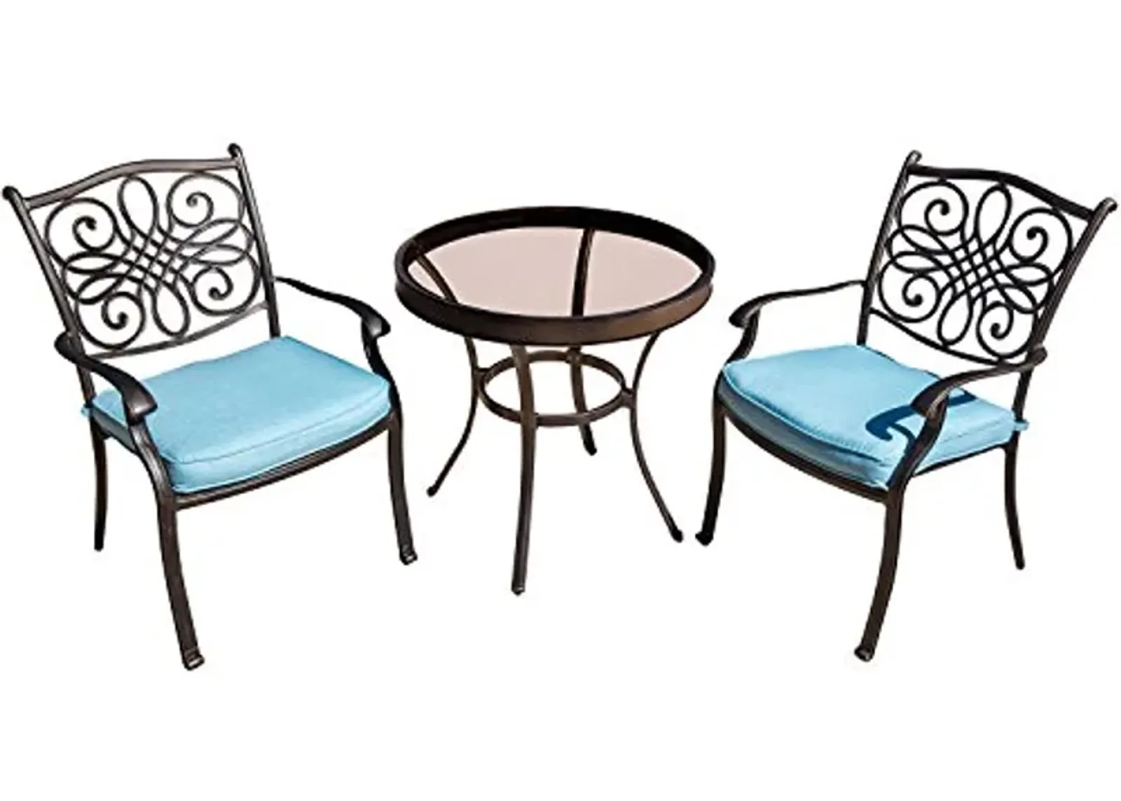 Hanover Traditions 3-Piece Modern Outdoor Dining Set with Tempered Glass-Top Bistro Table and 2 Outdoor Dining Chairs, Weather and Rust Resistant Patio Set with Plush and Quick Drying Blue Cushions