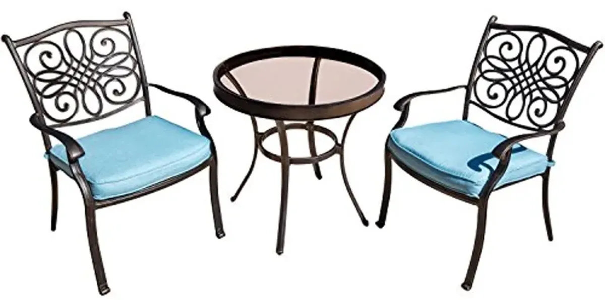 Hanover Traditions 3-Piece Modern Outdoor Dining Set with Tempered Glass-Top Bistro Table and 2 Outdoor Dining Chairs, Weather and Rust Resistant Patio Set with Plush and Quick Drying Blue Cushions