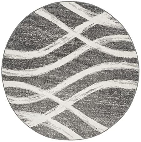 SAFAVIEH Adirondack Collection 8' Round Charcoal / Ivory ADR125R Modern Wave Distressed Non-Shedding Living Room Bedroom Area Rug