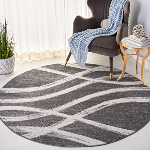 SAFAVIEH Adirondack Collection 8' Round Charcoal / Ivory ADR125R Modern Wave Distressed Non-Shedding Living Room Bedroom Area Rug