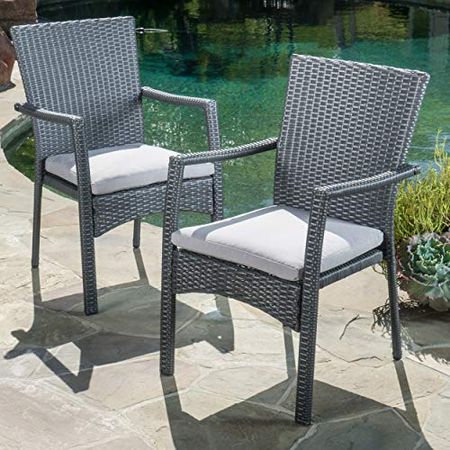 Christopher Knight Home Corsica Outdoor Wicker Dining Chairs with Cushions, 2-Pcs Set, Grey