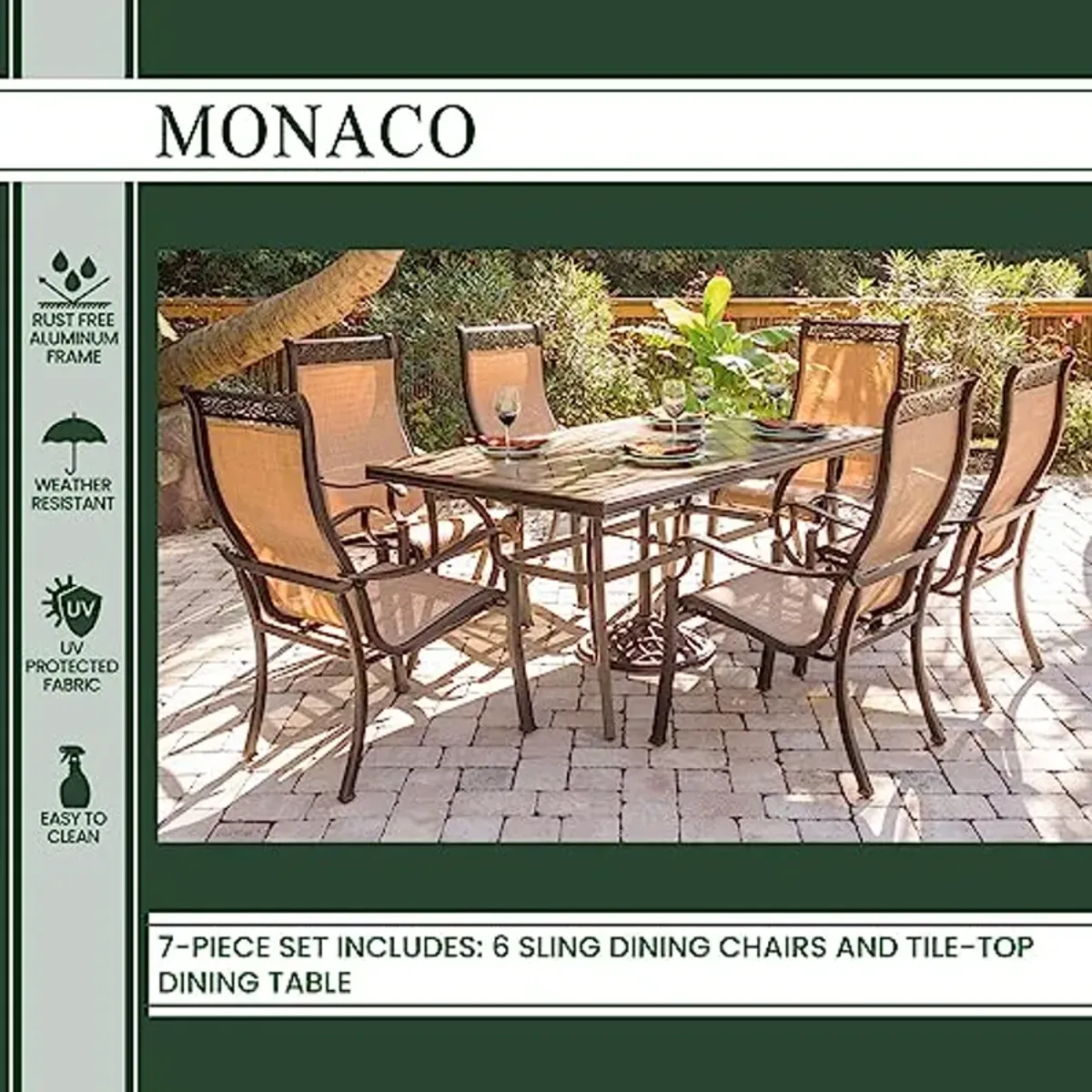 Hanover Monaco 7-Piece Outdoor Patio Dining Set with Porcelain Tile 68" x 40" Rectangular Outdoor Dining Table and 6 PVC Sling Outdoor Dining Chairs with Heavy-Duty Aluminum Frames, Weather-Resistant