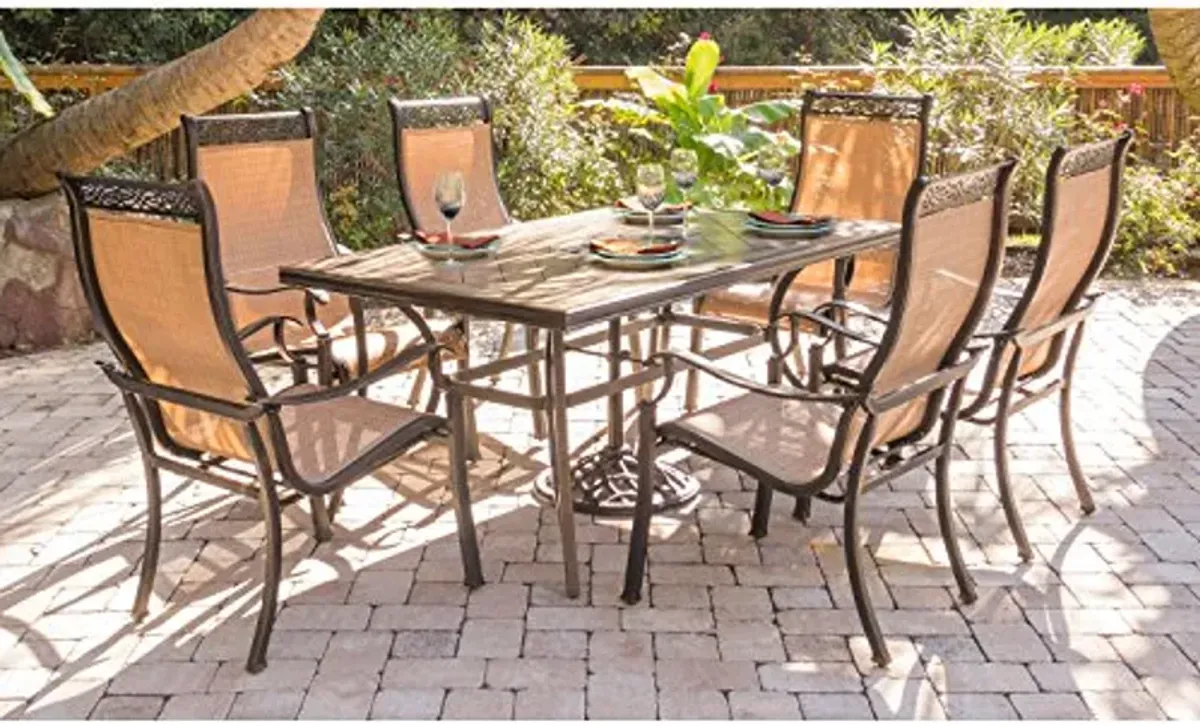 Hanover Monaco 7-Piece Outdoor Patio Dining Set with Porcelain Tile 68" x 40" Rectangular Outdoor Dining Table and 6 PVC Sling Outdoor Dining Chairs with Heavy-Duty Aluminum Frames, Weather-Resistant