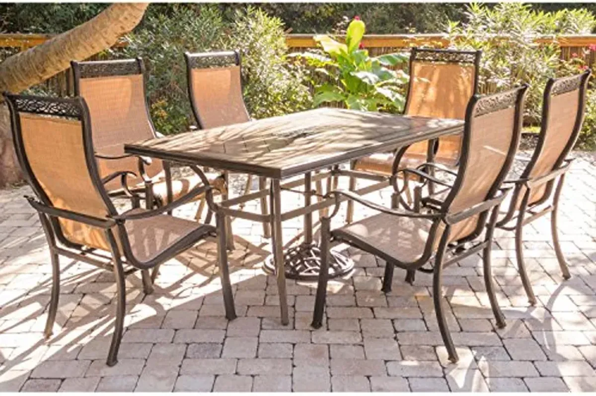 Hanover Monaco 7-Piece Outdoor Patio Dining Set with Porcelain Tile 68" x 40" Rectangular Outdoor Dining Table and 6 PVC Sling Outdoor Dining Chairs with Heavy-Duty Aluminum Frames, Weather-Resistant