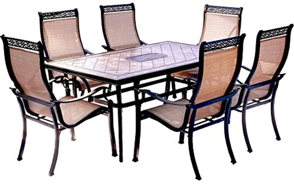 Hanover Monaco 7-Piece Outdoor Patio Dining Set with Porcelain Tile 68" x 40" Rectangular Outdoor Dining Table and 6 PVC Sling Outdoor Dining Chairs with Heavy-Duty Aluminum Frames, Weather-Resistant