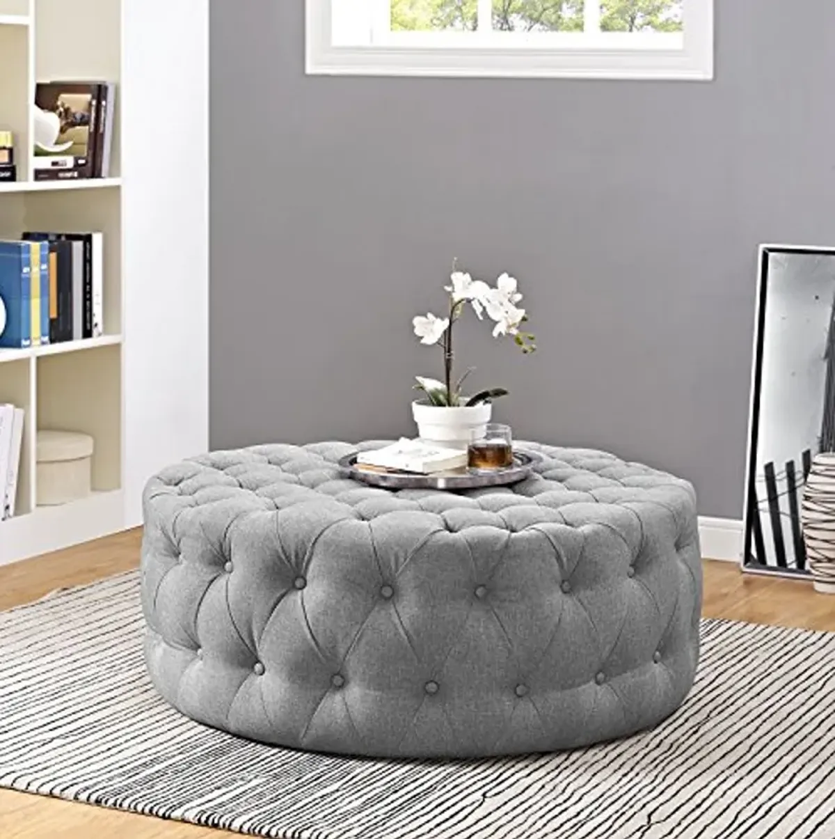 Modway Amour Fabric Upholstered Button-Tufted Round Ottoman in Light Gray