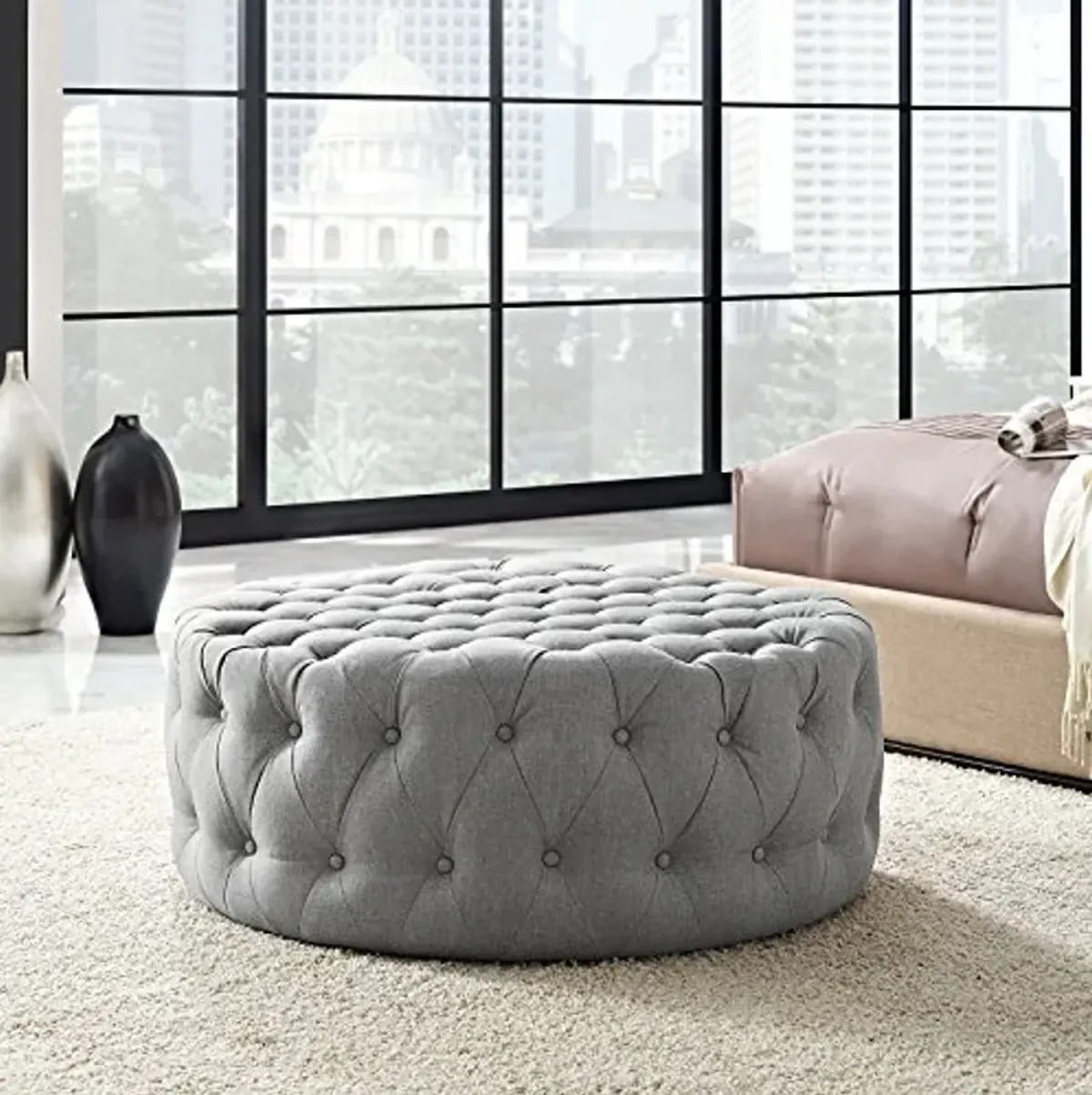 Modway Amour Fabric Upholstered Button-Tufted Round Ottoman in Light Gray