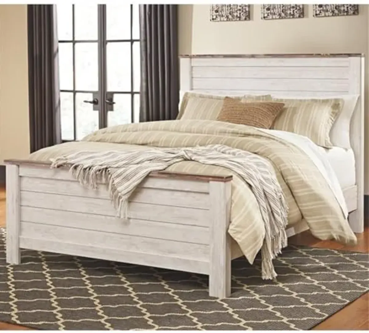 Ashley Furniture Willowton 65" W x 87" D Farmhouse Wood Queen Sized Panel Bed in Whitewash Finish