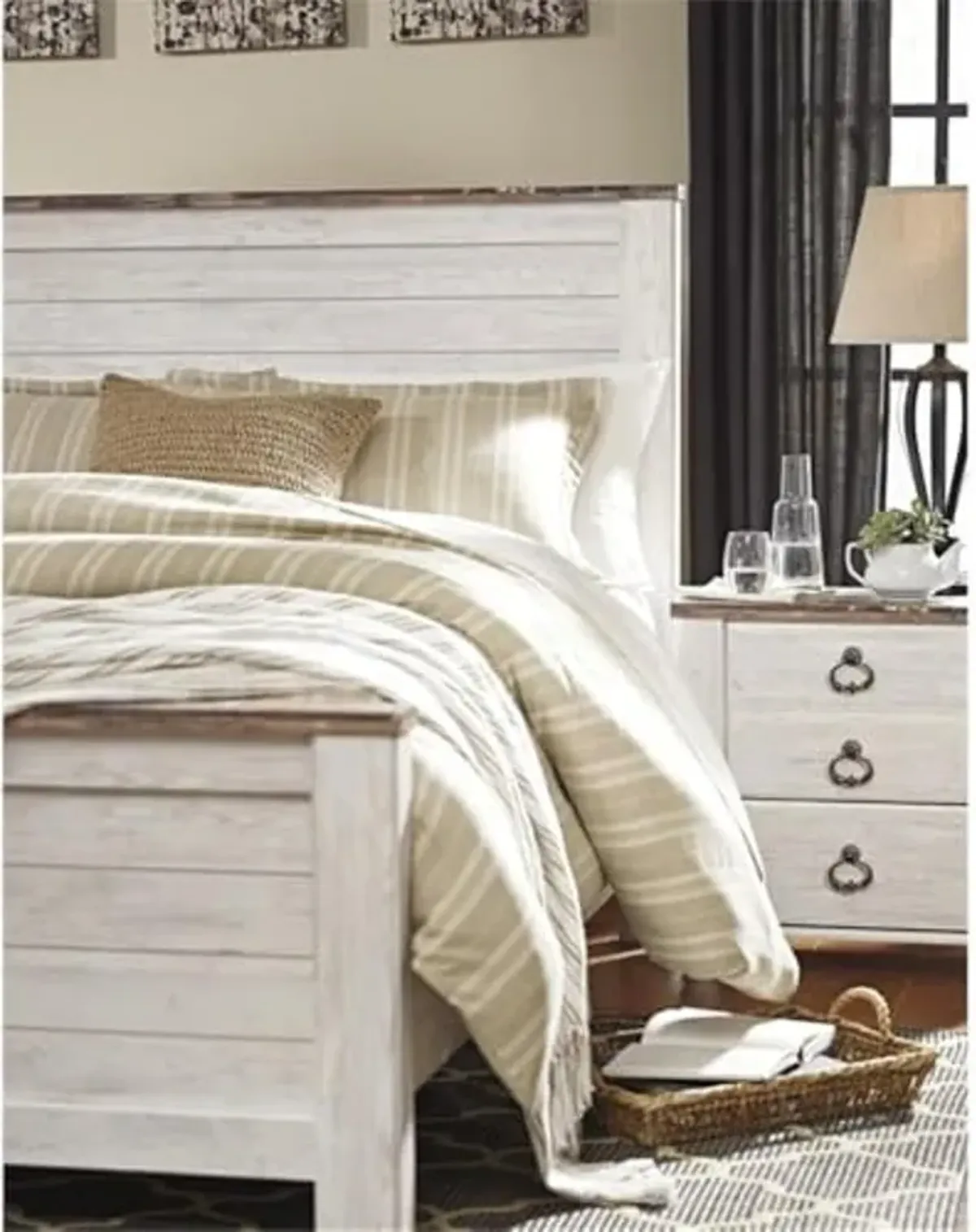 Ashley Furniture Willowton 65" W x 87" D Farmhouse Wood Queen Sized Panel Bed in Whitewash Finish