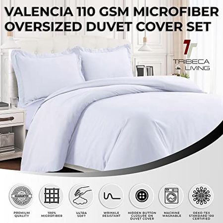 Tribeca Living Queen Duvet Cover Set, Soft Plain Bed Set Wrinkle Resistant Bedding, Microfiber, Includes One Duvet Cover and Two Sham Pillowcases, Durable Bedding 110 GSM, Valencia/White