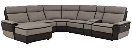 Homelegance Laertes 6 Piece Power Reclining Sectional Sofa with Left Side Chaise and Cup Holder Console Top Grain Leather Fabric Matched, Gray