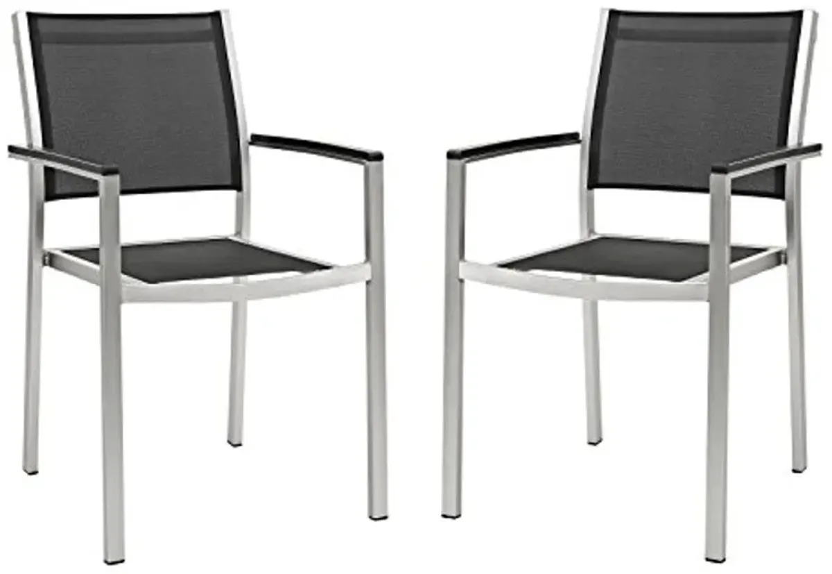 Modway Shore Aluminum Two Outdoor Patio Dining Arm Chairs in Silver Black