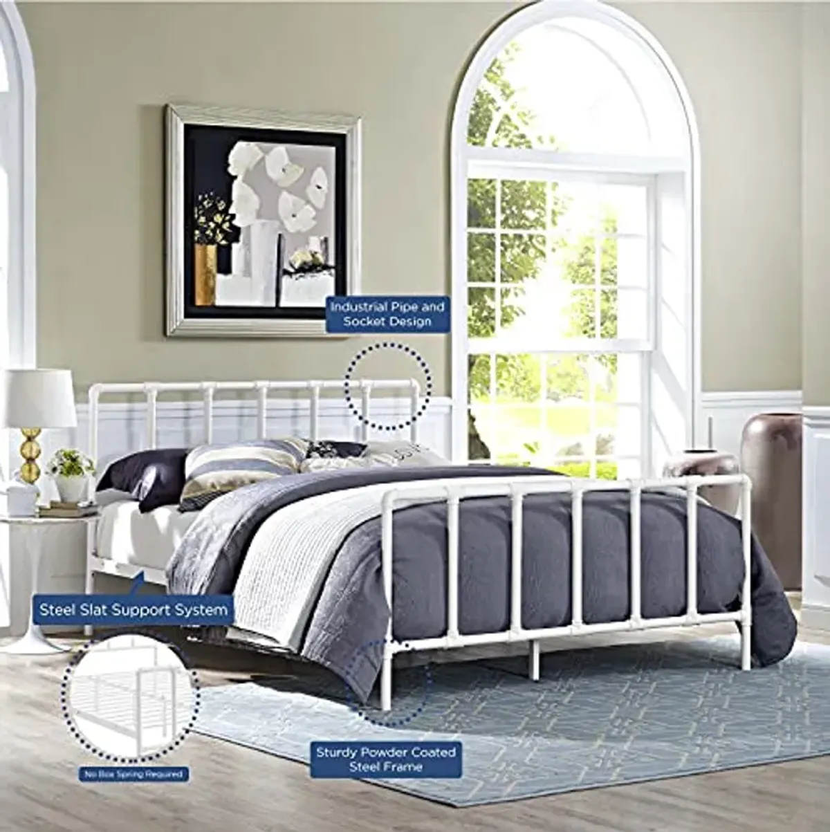 Modway Dower Modern Farmhouse Steel Metal Queen Platform Bed in White