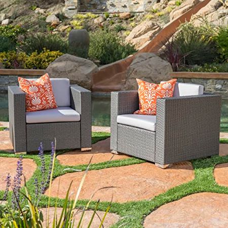Christopher Knight Home Murano Outdoor Wicker Club Chair with Water Resistant Cushions, 2-Pcs Set, Grey / Silver