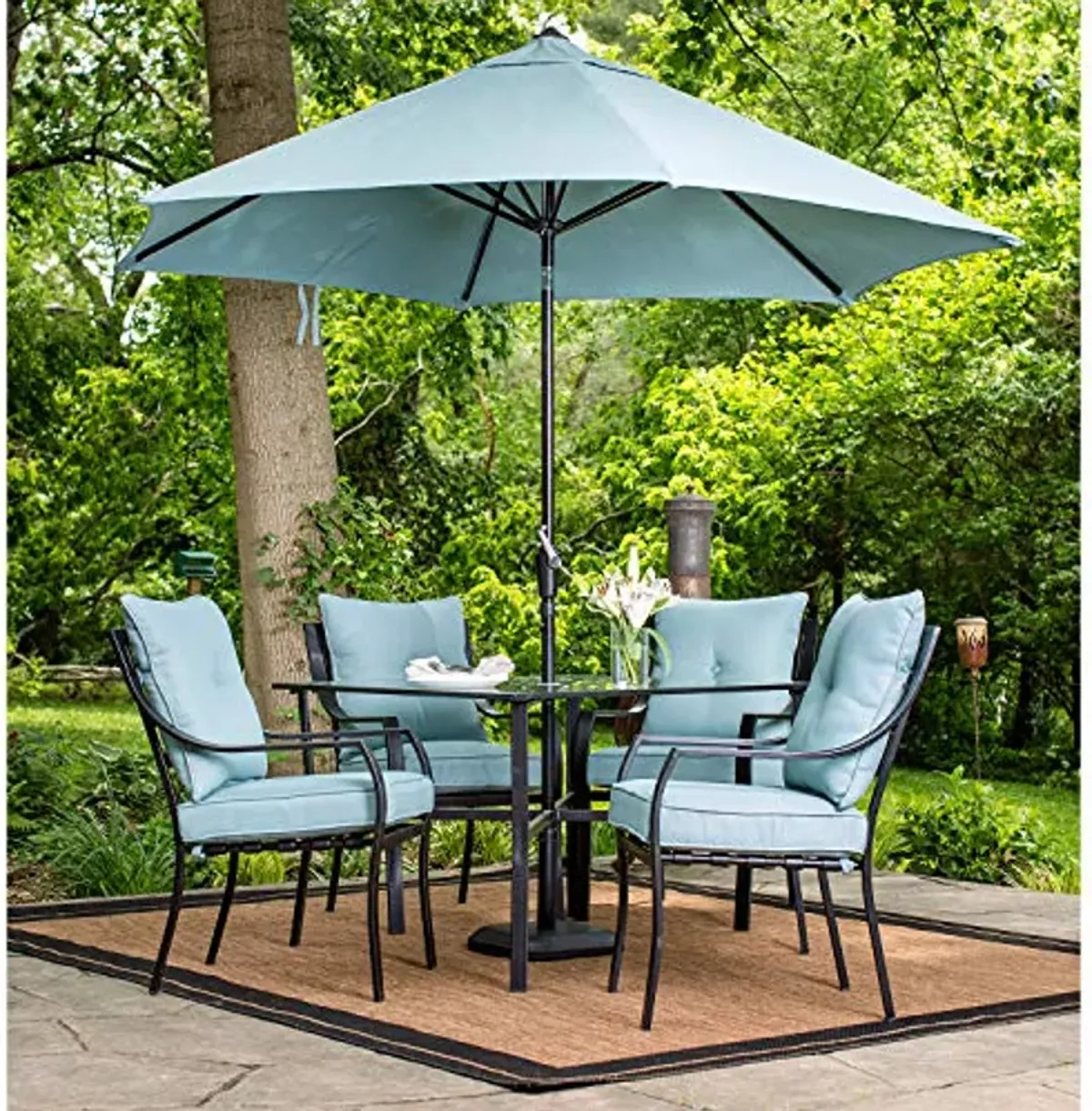 Hanover Lavallette 9 ft. Outdoor Umbrella, UV and Weather Resistant PVC Canopy, Durable Aluminum Frame, Open/Close Pole Crank, Pivot Feature, Built-in Ties, Patio Umbrella in Blue