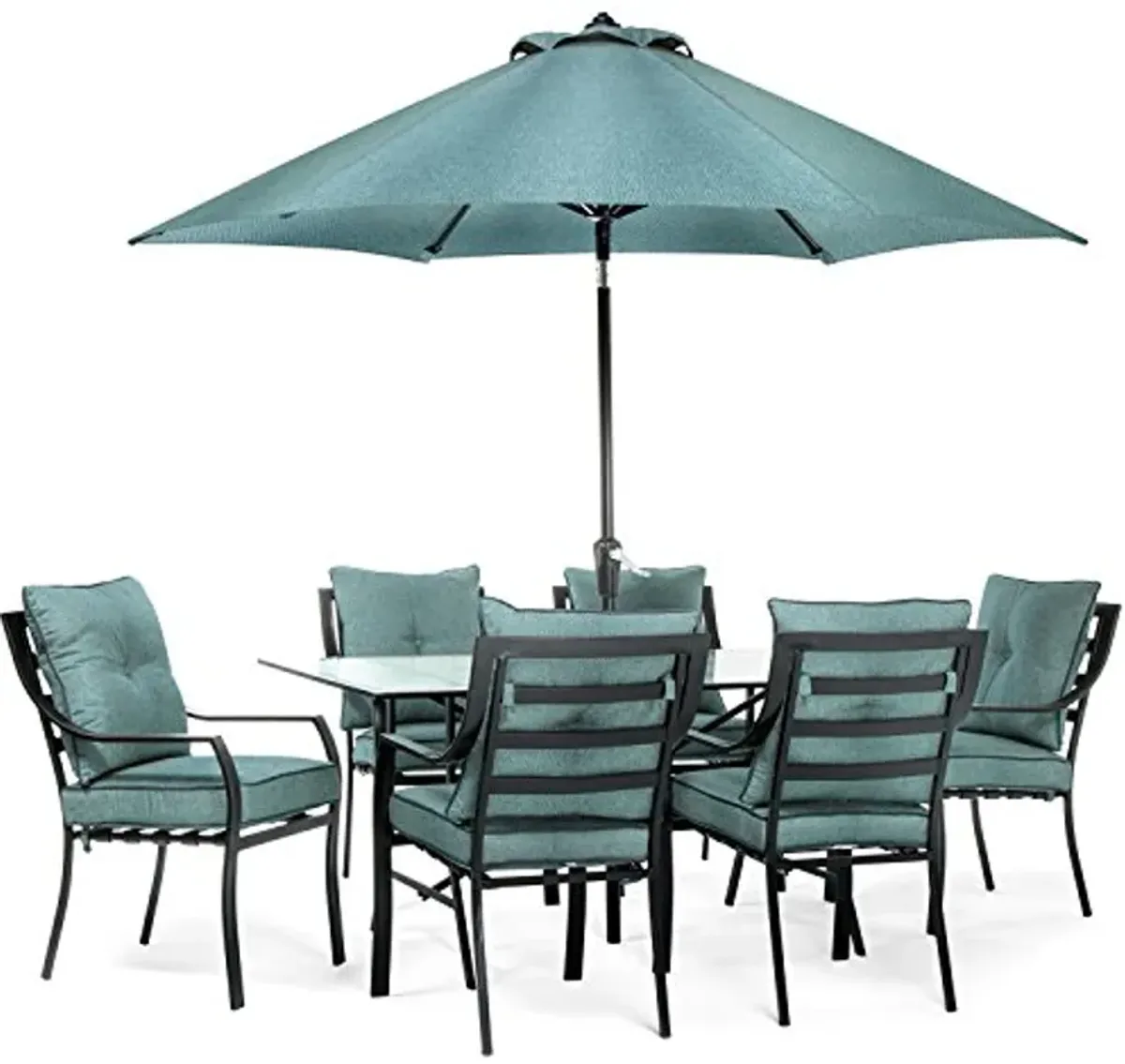 Hanover Lavallette 9 ft. Outdoor Umbrella, UV and Weather Resistant PVC Canopy, Durable Aluminum Frame, Open/Close Pole Crank, Pivot Feature, Built-in Ties, Patio Umbrella in Blue