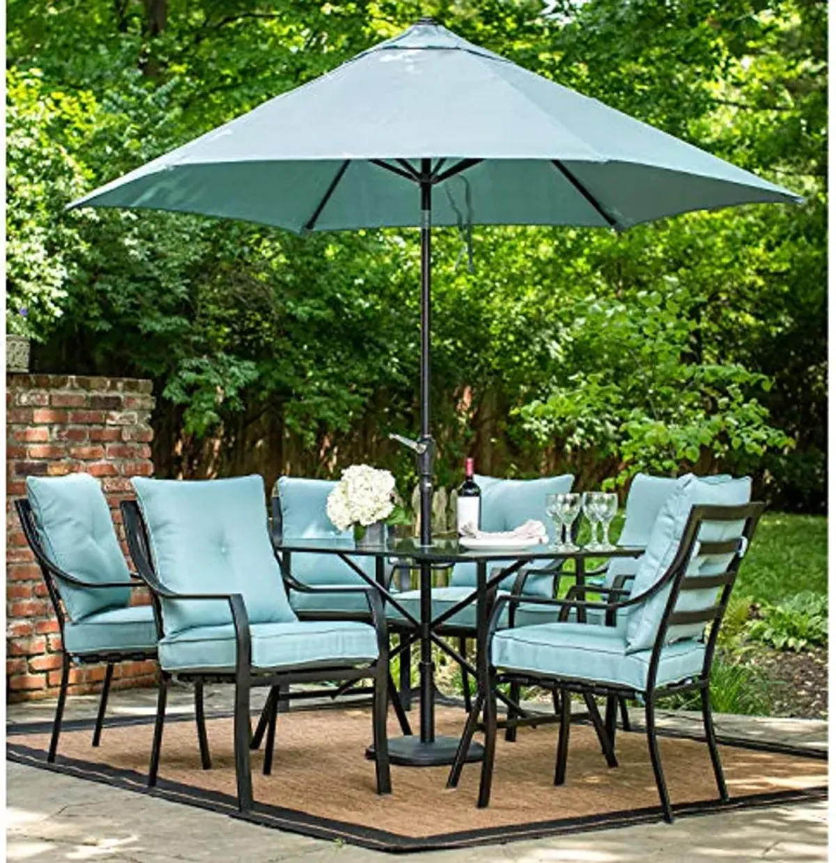 Hanover Lavallette 9 ft. Outdoor Umbrella, UV and Weather Resistant PVC Canopy, Durable Aluminum Frame, Open/Close Pole Crank, Pivot Feature, Built-in Ties, Patio Umbrella in Blue