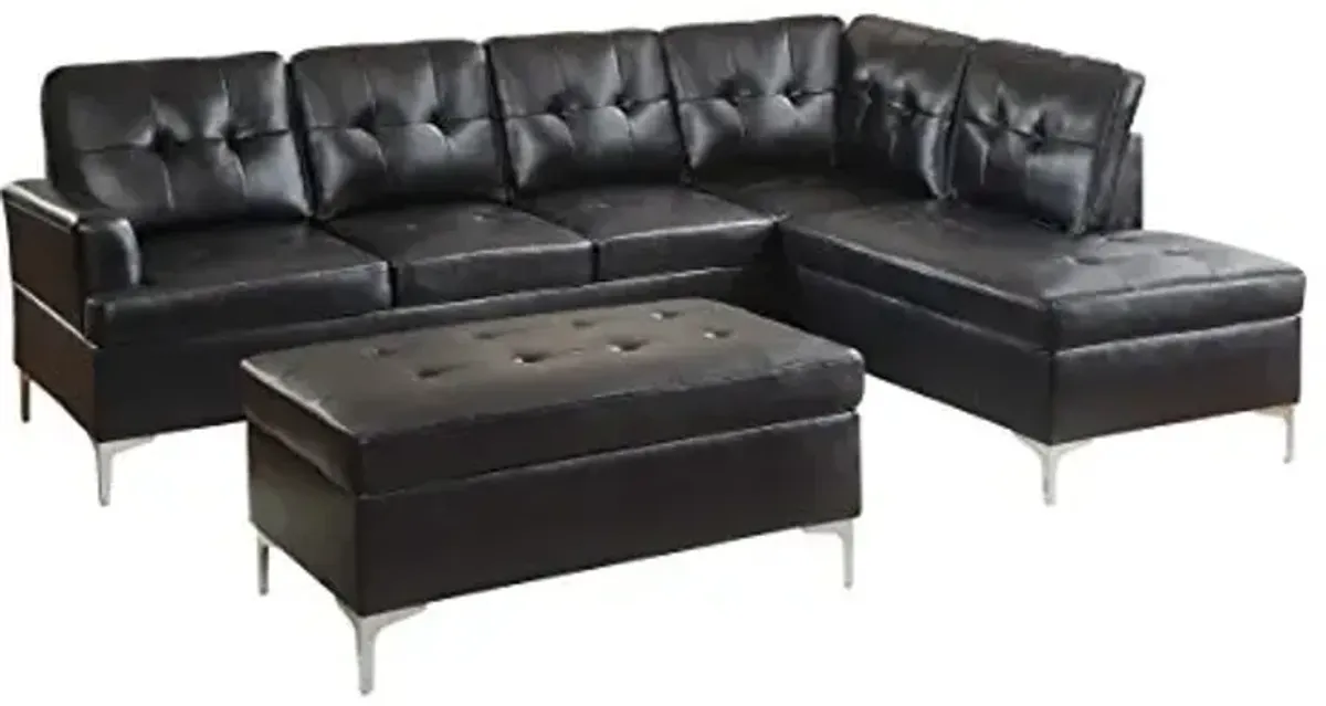 Homelegance Barrington PU Leather Chaise Sofa and Ottoman Set, Black