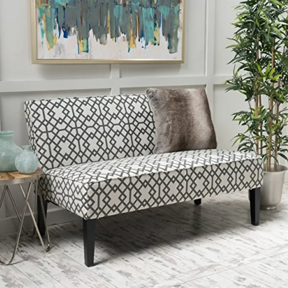 Christopher Knight Home Dejon Modern Fabric Loveseat, Gray Geometric / Matte Black