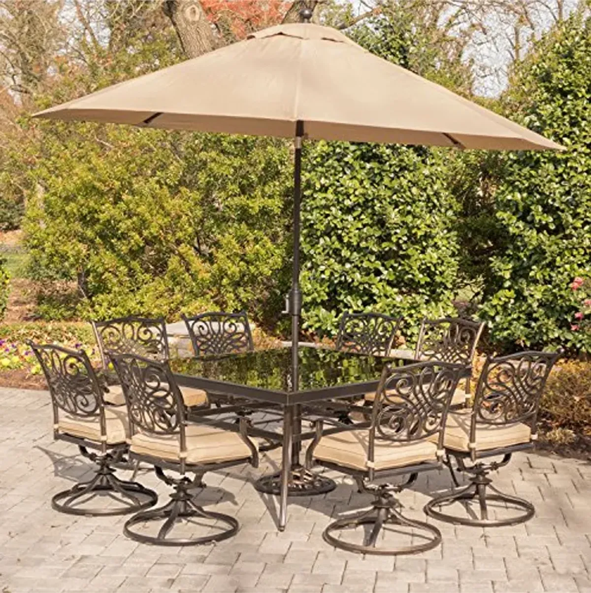 Hanover Traditions 9 Piece Set with 8 Swivel Chairs, Square Dining Table, Umbrella and Base Outdoor Furniture, Tan