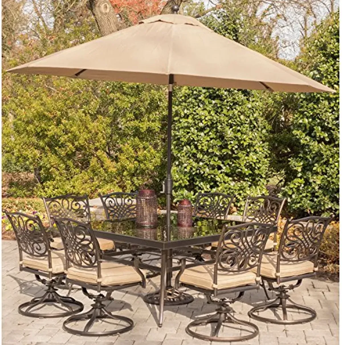 Hanover Traditions 9 Piece Set with 8 Swivel Chairs, Square Dining Table, Umbrella and Base Outdoor Furniture, Tan