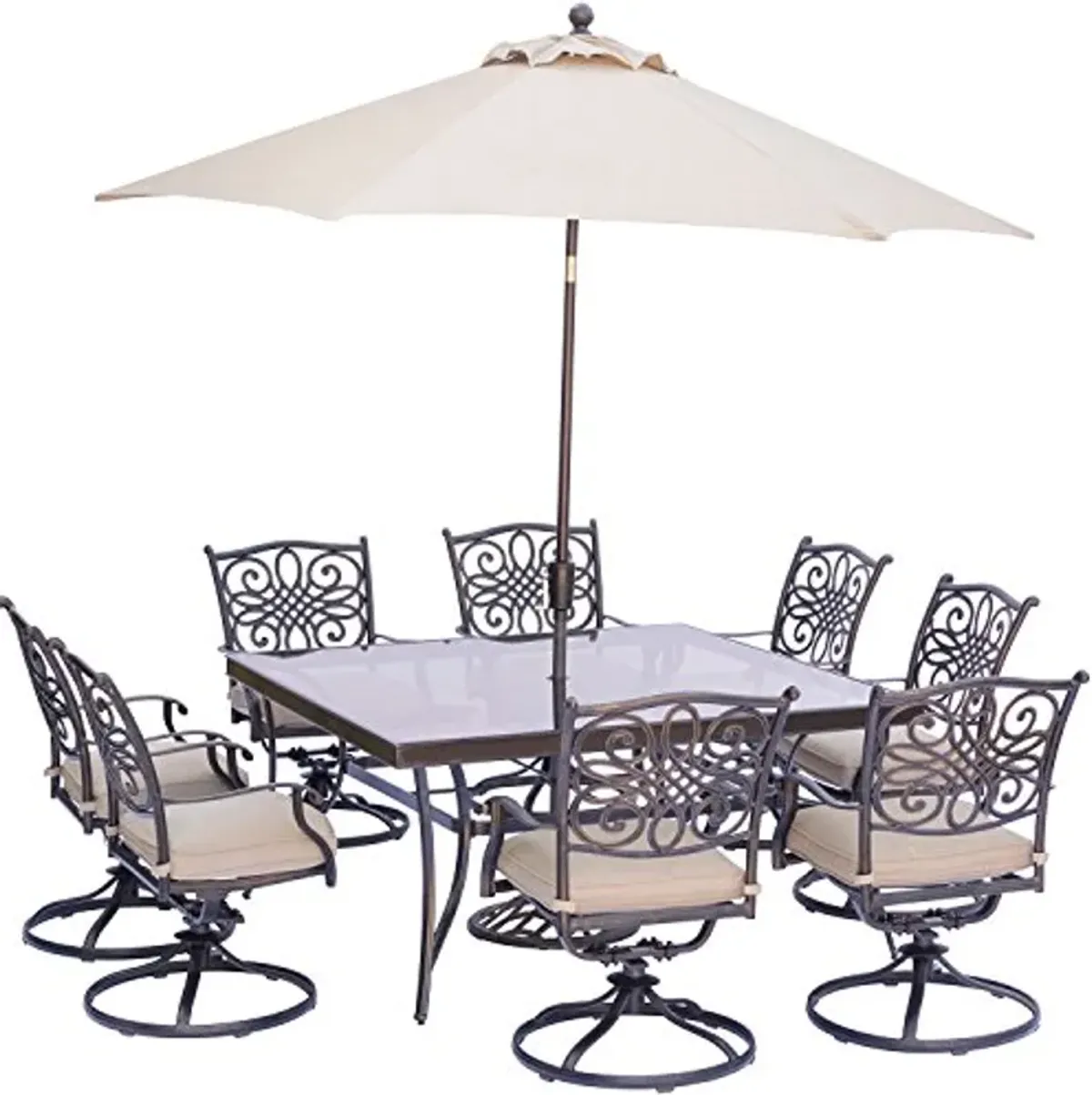 Hanover Traditions 9 Piece Set with 8 Swivel Chairs, Square Dining Table, Umbrella and Base Outdoor Furniture, Tan