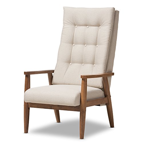 Baxton Studio Elyse Walnut Wood Fabric Upholstered Button-Tufted High-Back Chair, Light Beige