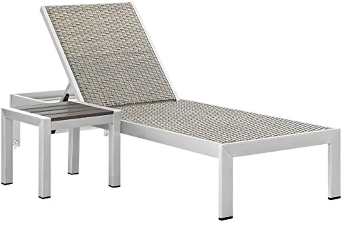 Modway Shore Aluminum and Rattan Outdoor Patio Chaise Lounge Chair and Side Table Set in Silver Gray (Pack of 1)