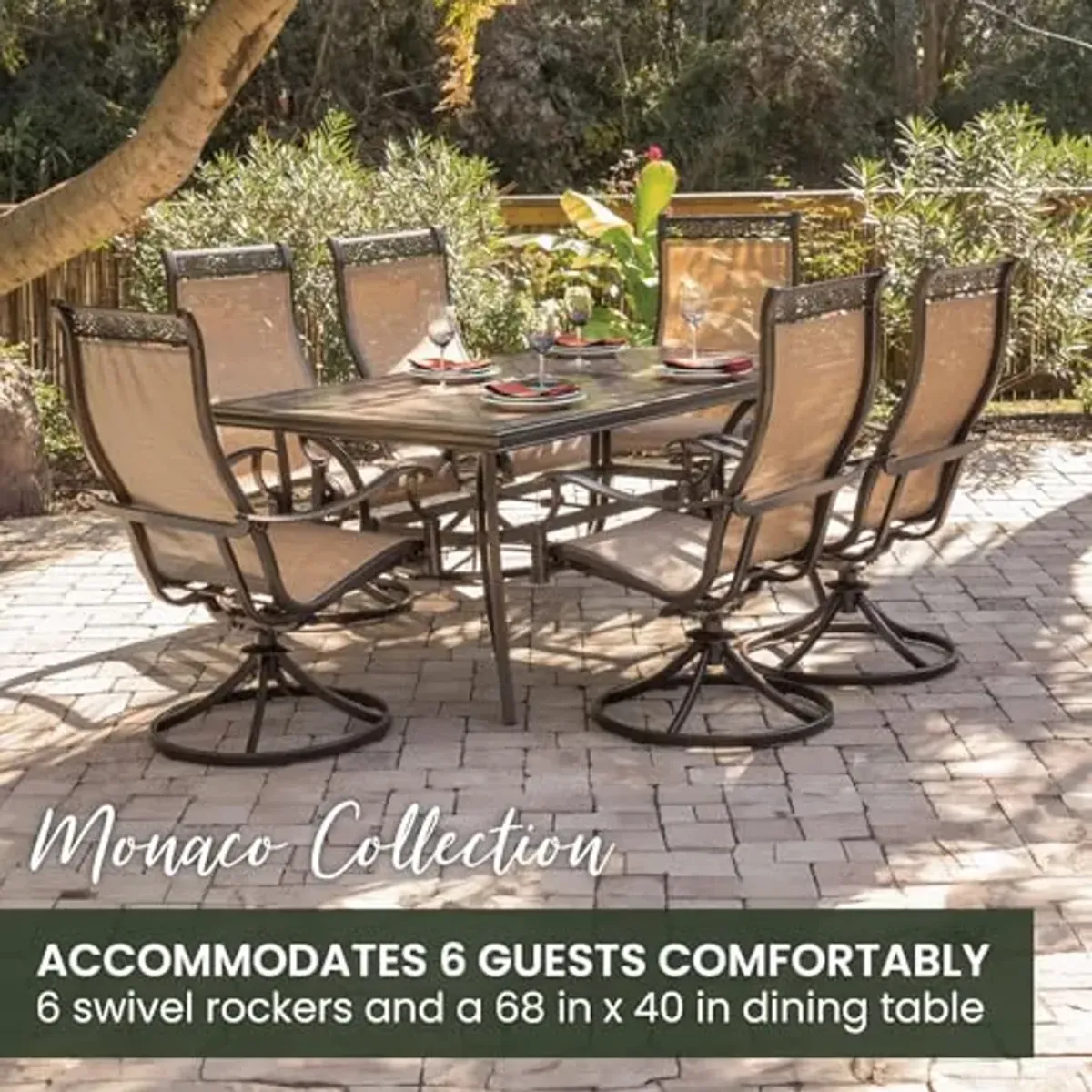 Hanover Monaco 7-Piece Outdoor Dining Set with Porcelain Tile Rectangular Dining Table and 6 PVC Sling Swivel Rockers, Modern Weather-Resistant Patio Dining Set for 6, Rust Resistant Aluminum Frames