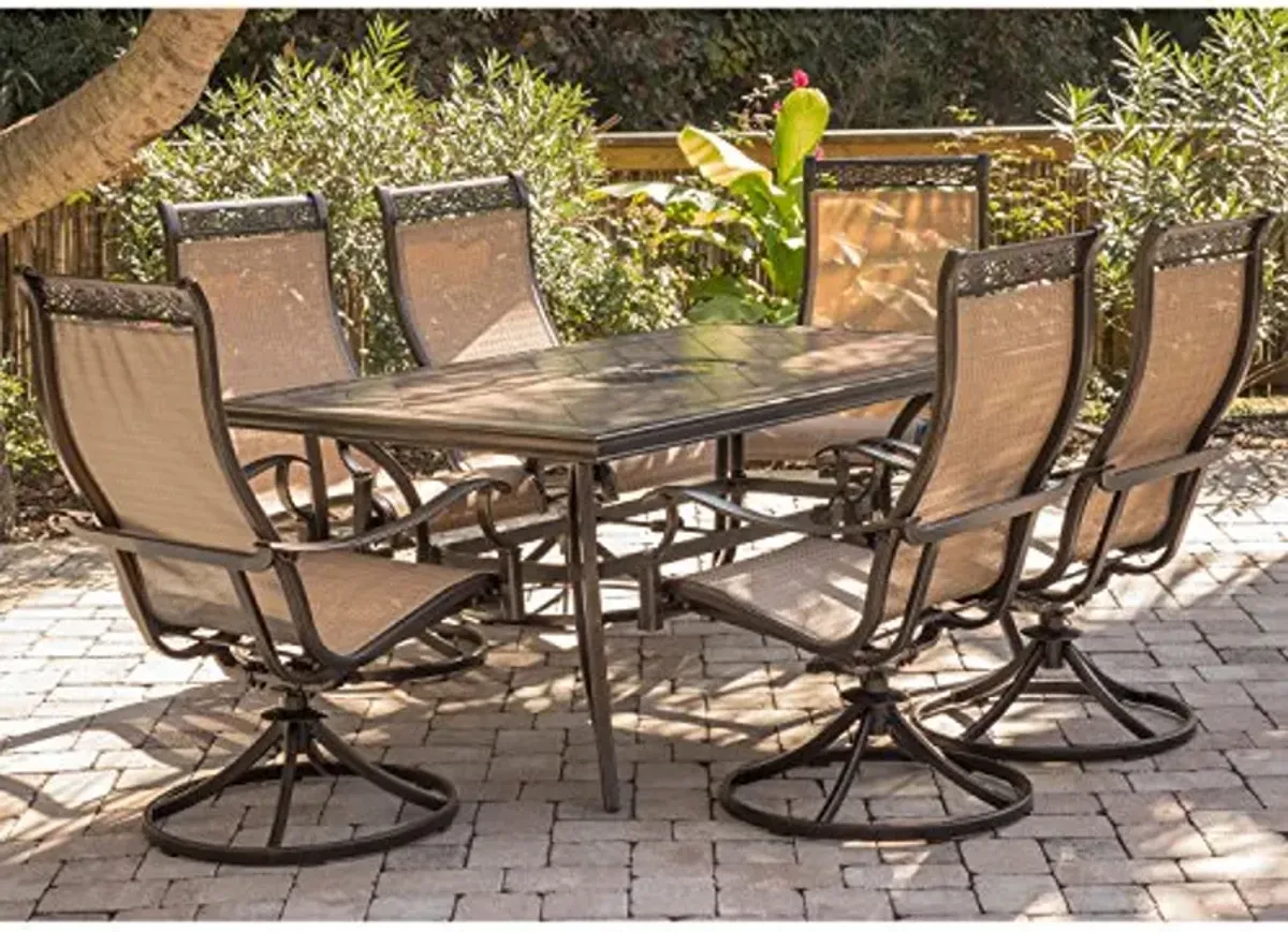 Hanover Monaco 7-Piece Outdoor Dining Set with Porcelain Tile Rectangular Dining Table and 6 PVC Sling Swivel Rockers, Modern Weather-Resistant Patio Dining Set for 6, Rust Resistant Aluminum Frames