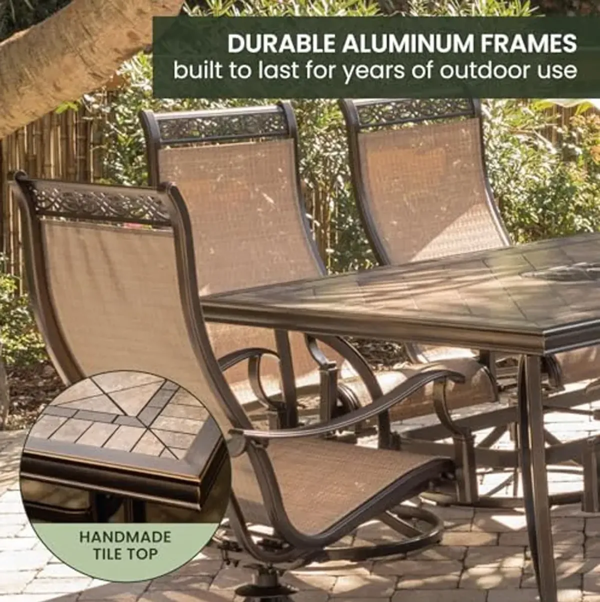 Hanover Monaco 7-Piece Outdoor Dining Set with Porcelain Tile Rectangular Dining Table and 6 PVC Sling Swivel Rockers, Modern Weather-Resistant Patio Dining Set for 6, Rust Resistant Aluminum Frames